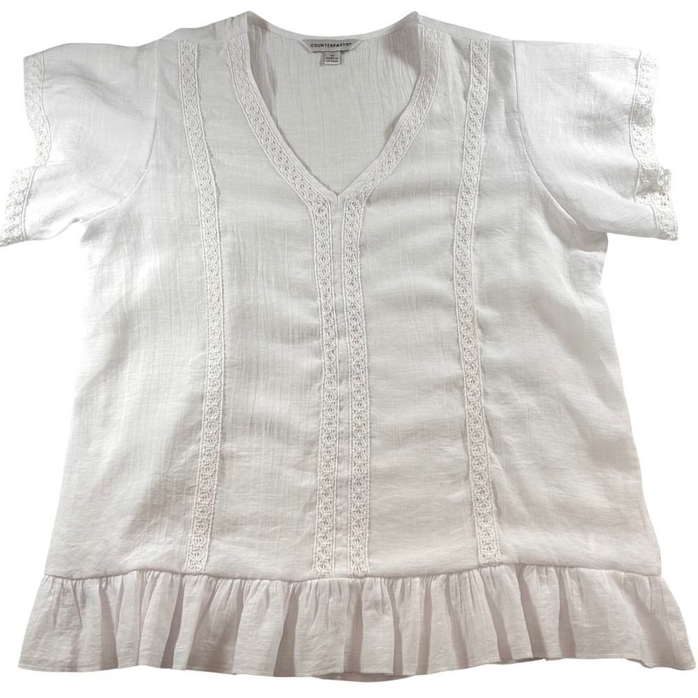 Counterparts White Sheet Lace Trim Ruffle Hem Blouse Top Womens M Fairycore Boho - Picture 4 of 8